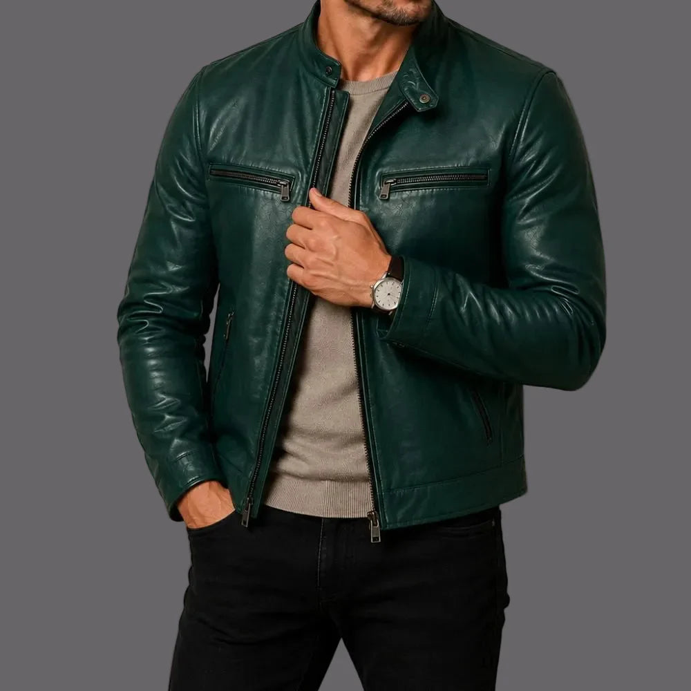 Man wearing a green leather jacket against a beige background