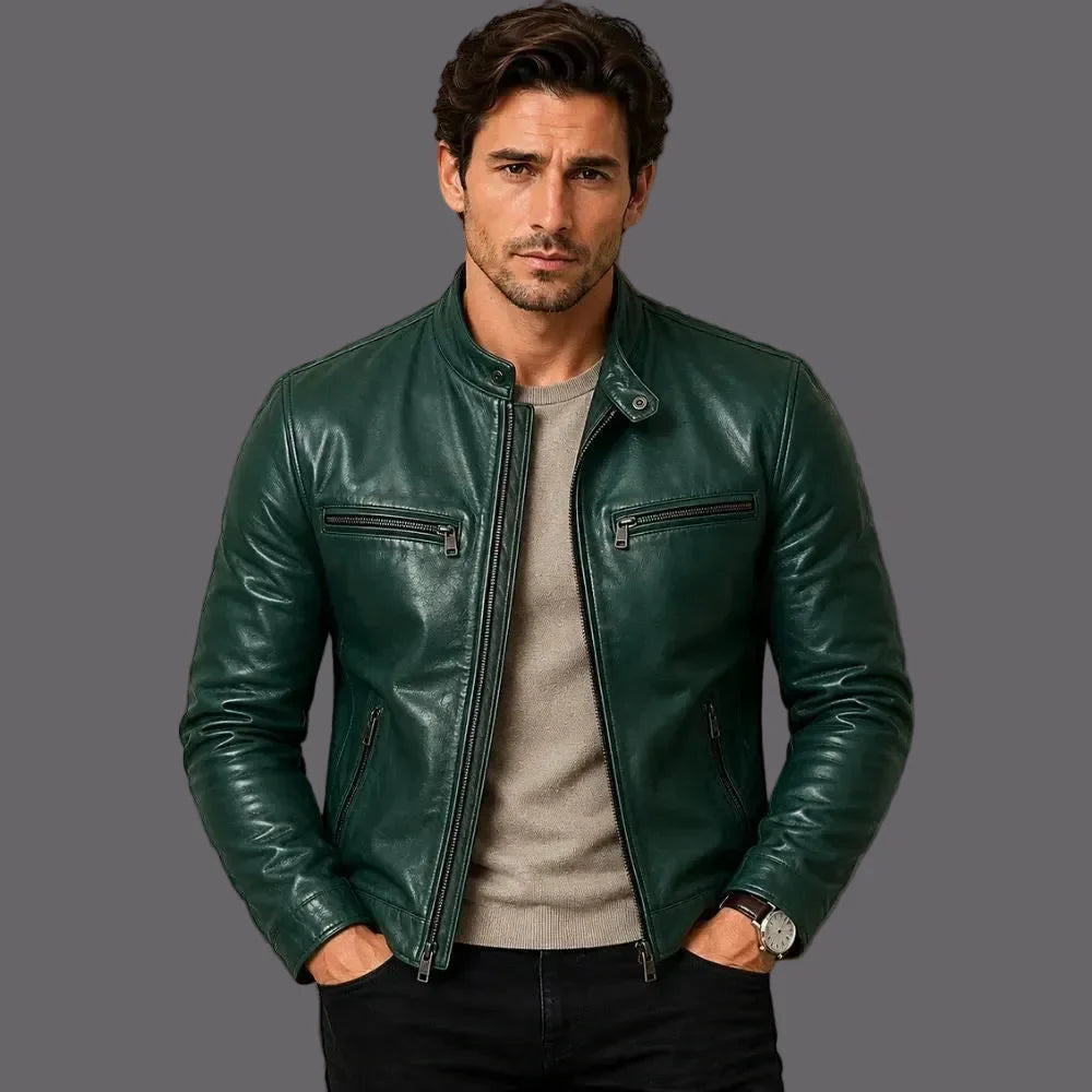 Man wearing a green leather jacket against a beige background