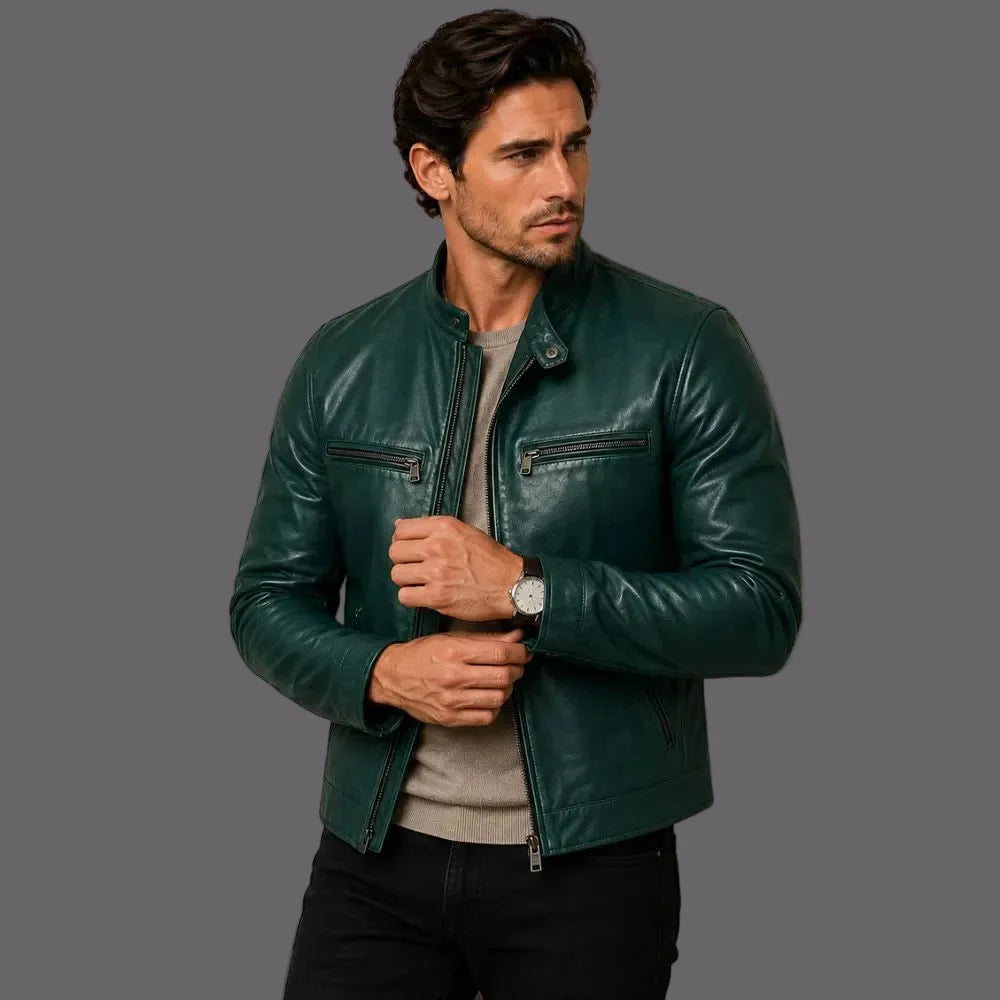 Men Green Biker Leather Jacket Vintage Style Secondary image