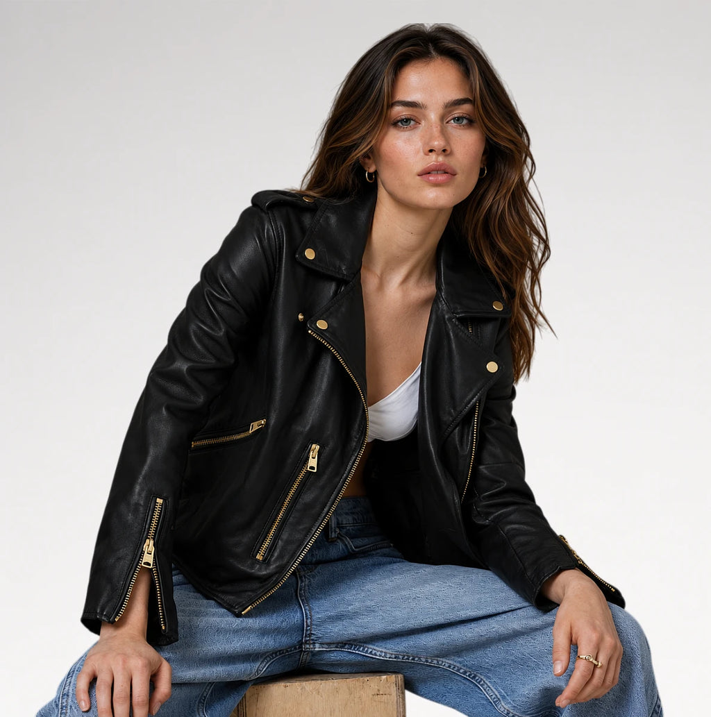 A woman wearing a black leather moto jacket with gold-tone hardware, styled with blue jeans and a white top, sitting against a plain light gray studio background.