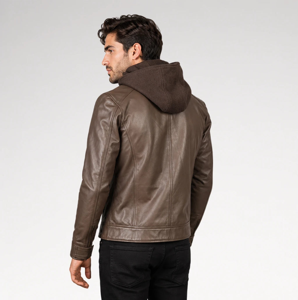 Guscio Brown Hooded Biker Leather Jacket