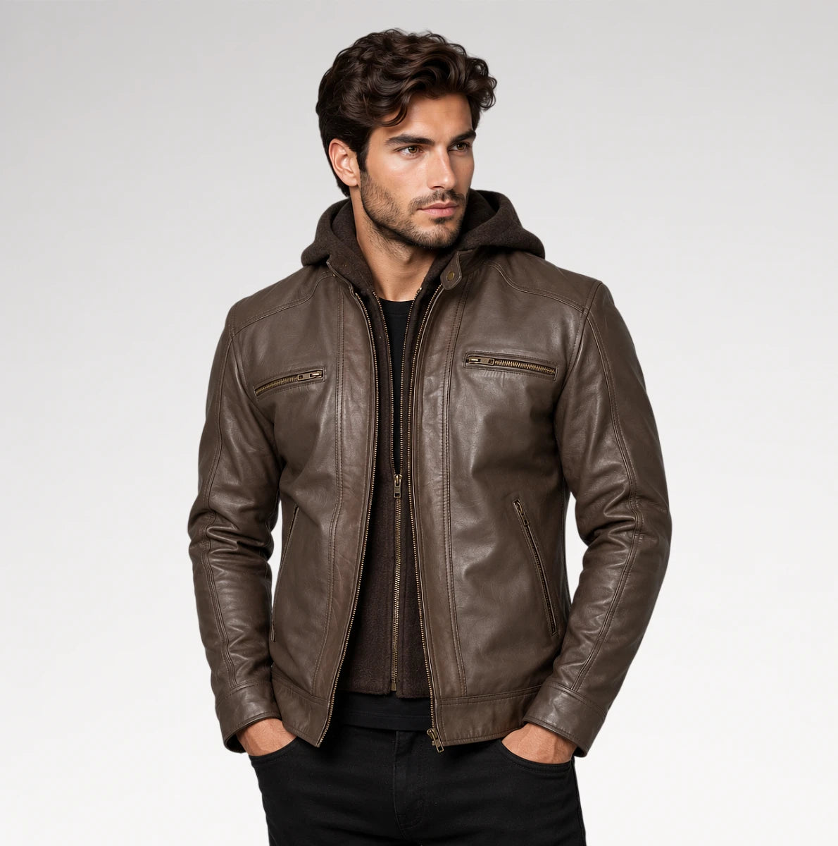 A man wearing a brown leather hooded jacket with zippered chest pockets, standing against a light gray studio background. Main image