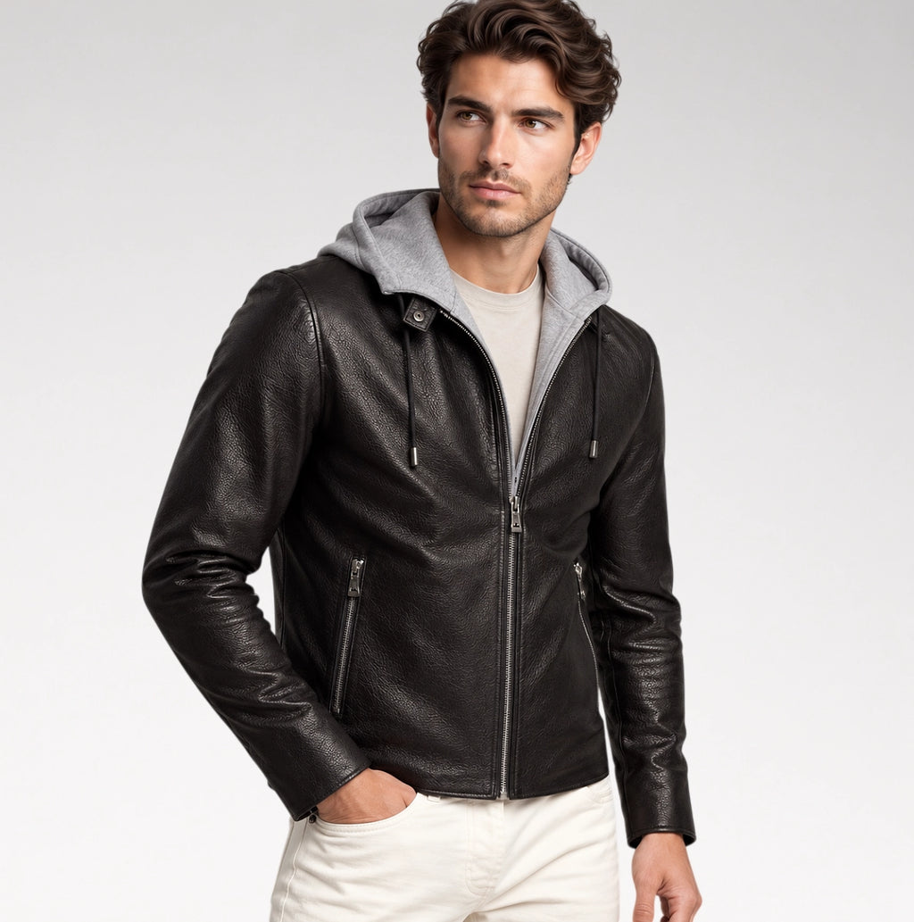 A man wearing a black leather zip-up jacket with a gray hood, layered over a light beige t-shirt and paired with off-white pants, photographed against a neutral light gray background.
