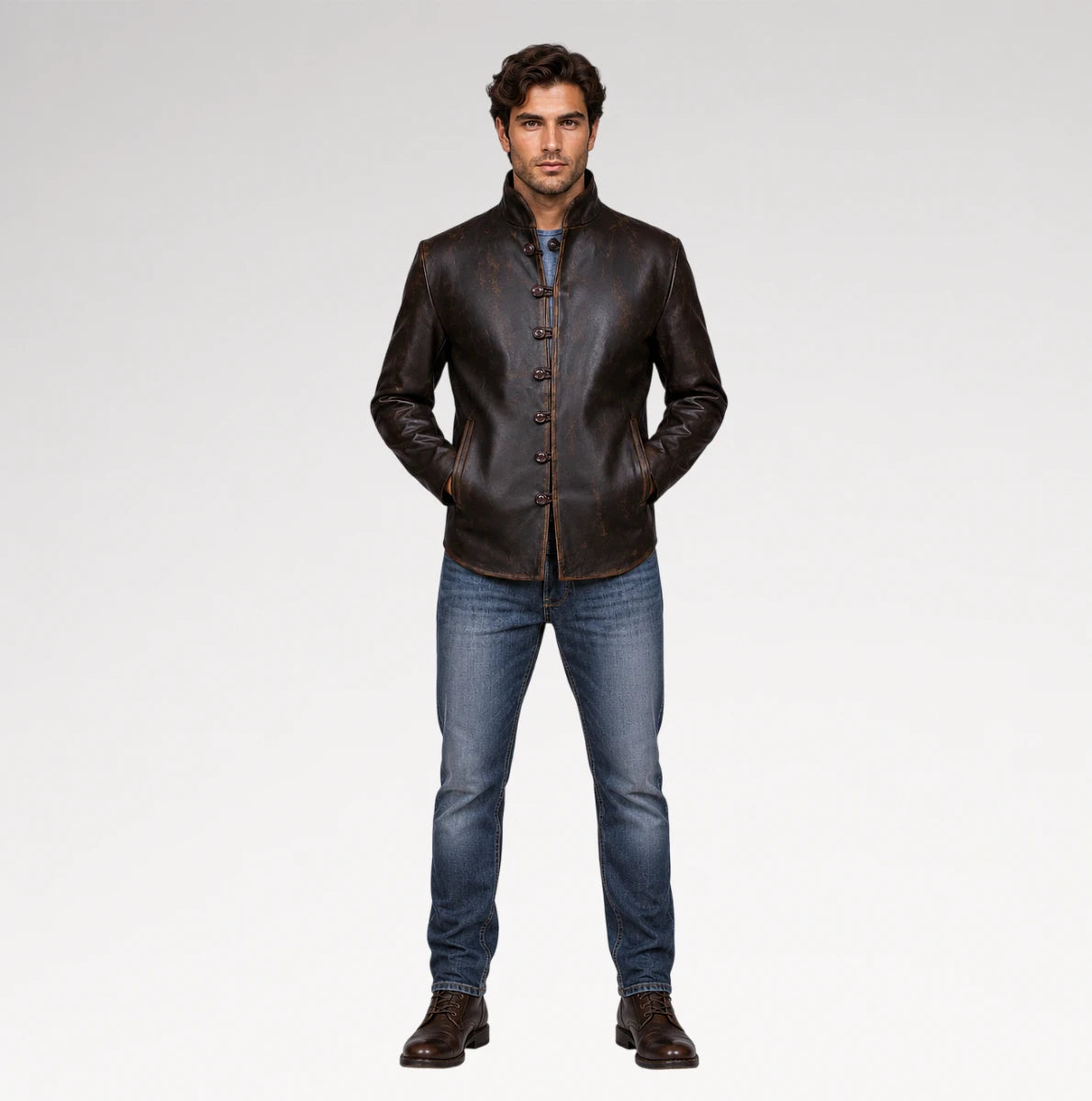 A man modeling a dark brown leather jacket with a stand collar and button front, paired with blue jeans and brown leather shoes, against a light gray studio background.