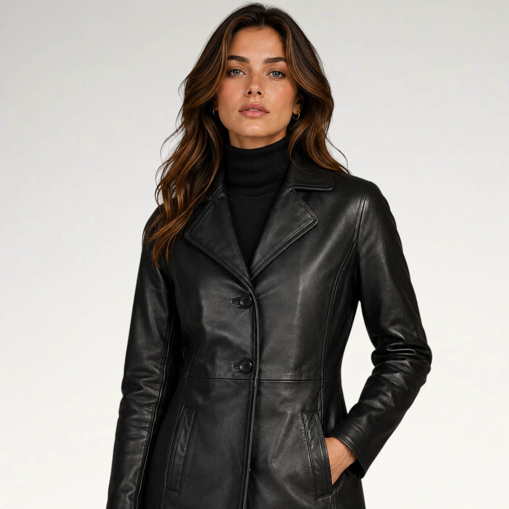 A woman wearing a black leather coat over a black turtleneck sweater, photographed against a clean light gray studio background.