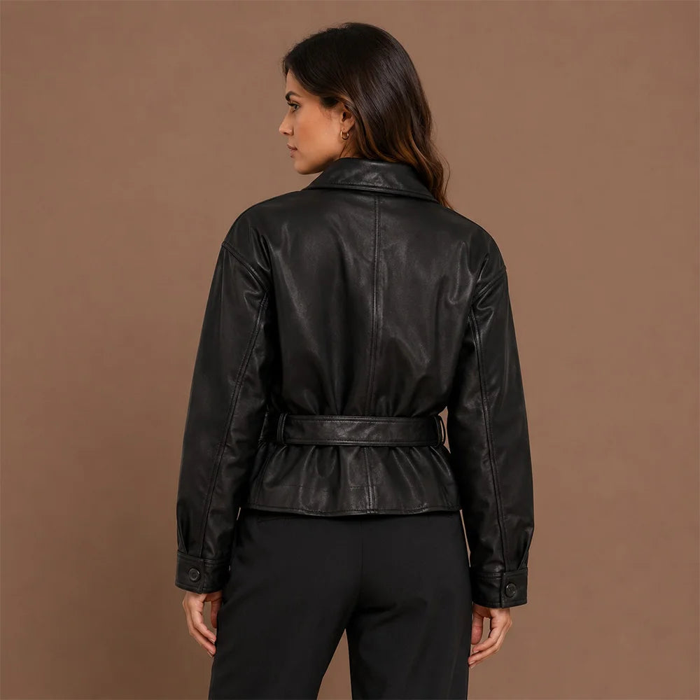 Women Black Cowhide Leather Jacket