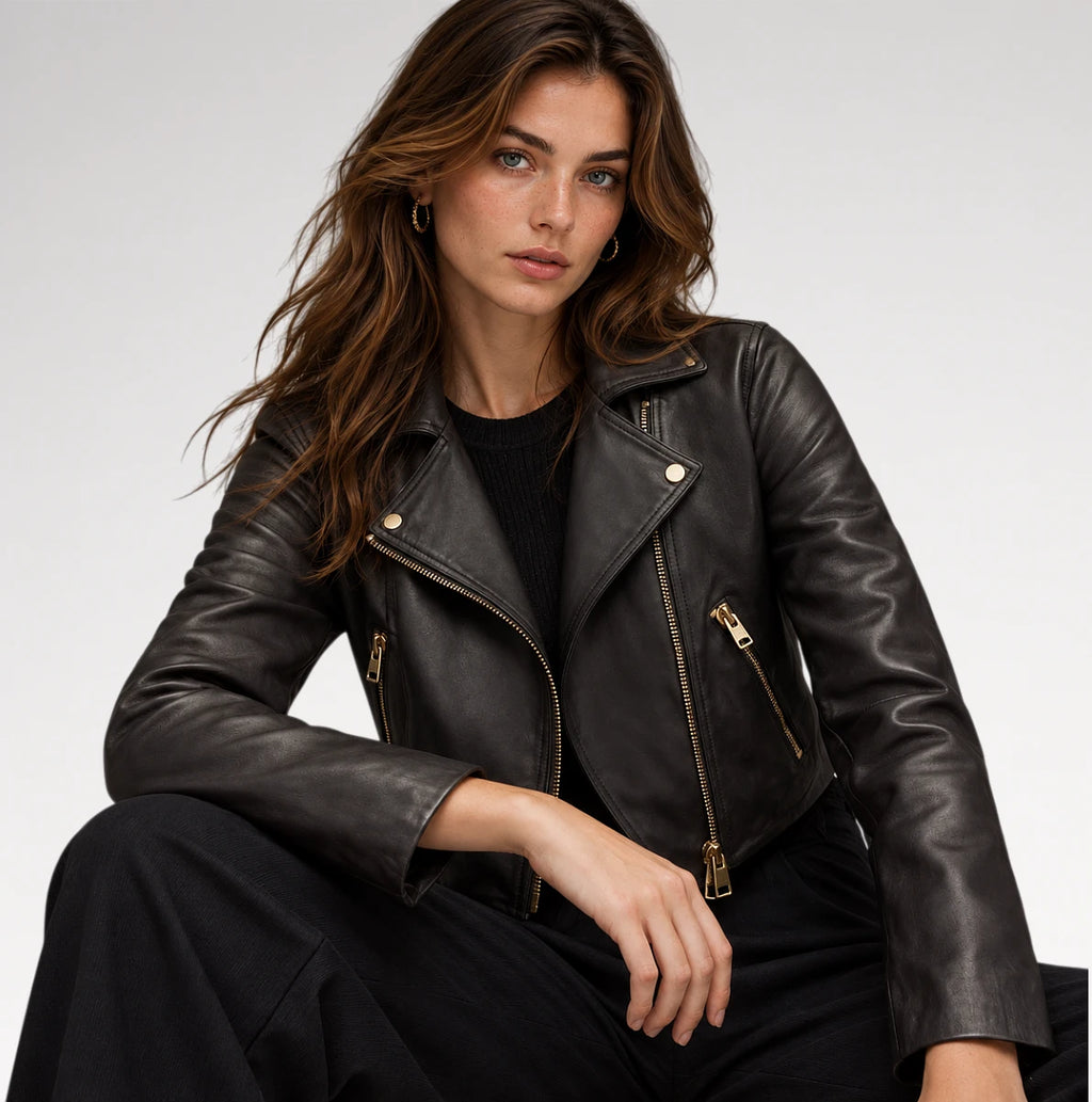 A woman wearing a black leather moto jacket with gold-tone zippers, styled with a black ribbed top and black trousers, photographed against a clean light gray studio background.