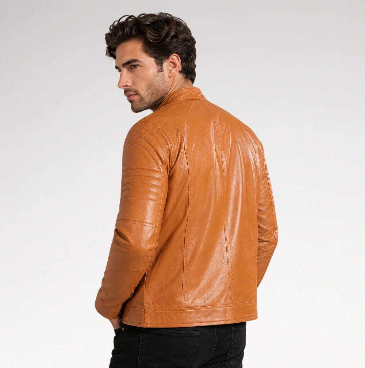 Marcello Brown Cafe Racer Biker Slim Fit Padded Leather Jacket Secondary image