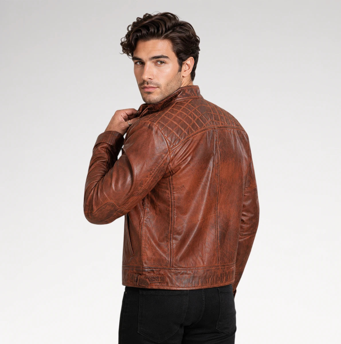 Marco Distressed Brown Cafe Racer Quilted Vintage Leather Jacket Secondary image