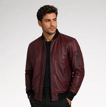Grezzo Burgundy Bomber Waxed Leather Jacket