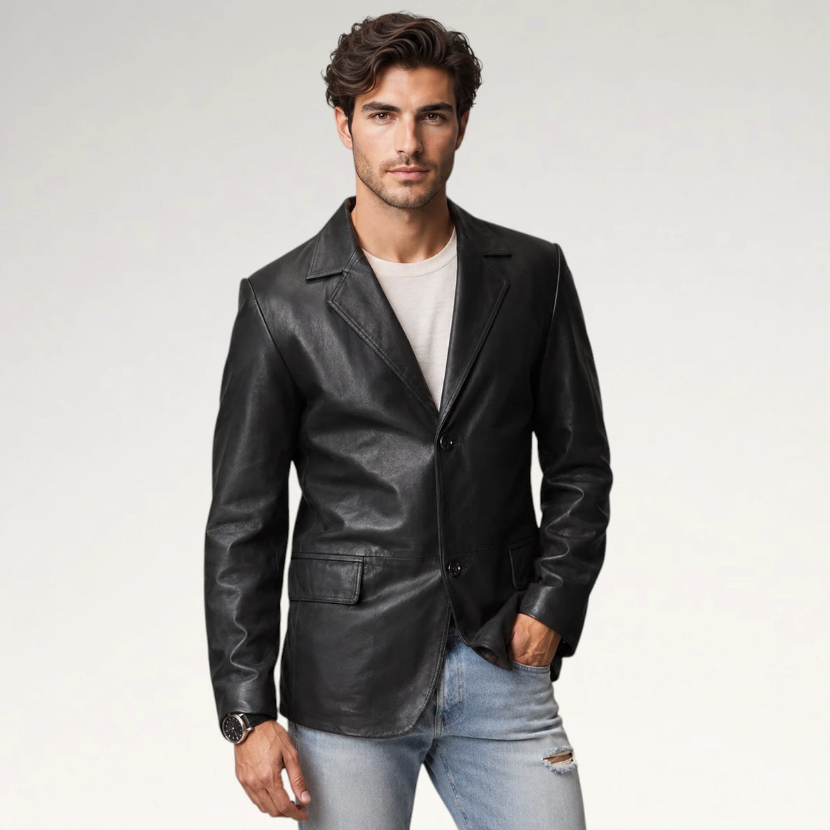 A man wearing a black leather blazer over a white t-shirt and light blue jeans, standing against a light gray studio background. Main image