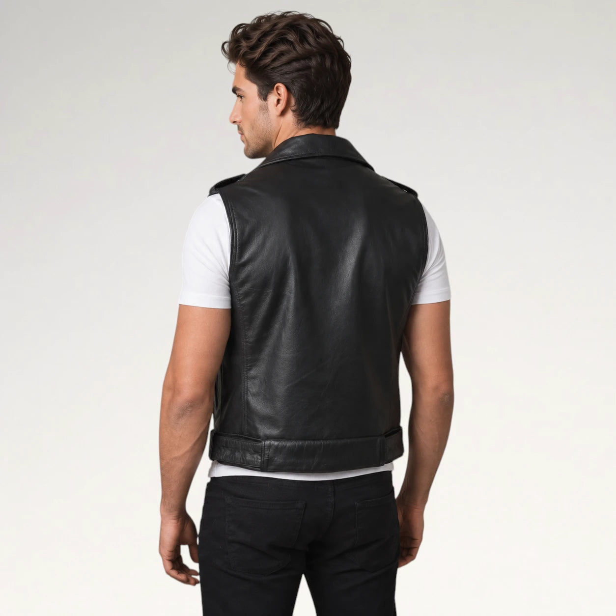 A man wearing a black leather vest over a white t-shirt and black pants, shown from the back against a light gray studio background.