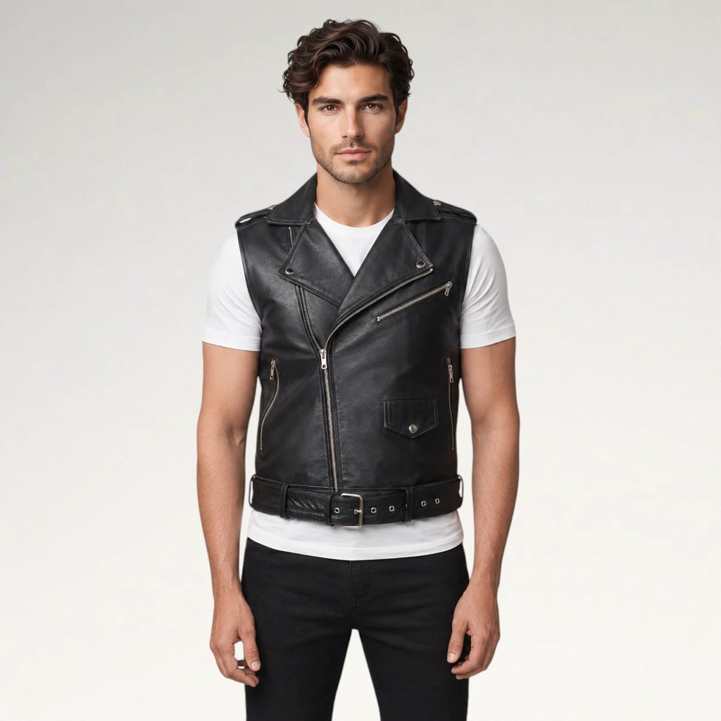 A man modeling a black faux-leather biker vest with silver zippers and a matching belt, worn over a white t-shirt and black pants against a light gray background.