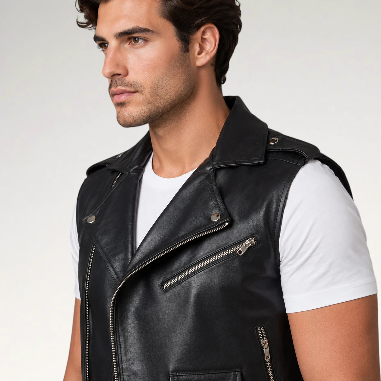 A man wearing a black leather moto vest over a white t-shirt, shown in a close-up profile shot against a light gray studio background.