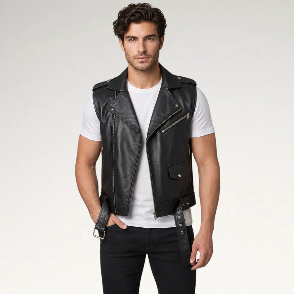 A man modeling a black leather biker vest over a white t-shirt and black jeans, standing against a light gray studio background.
