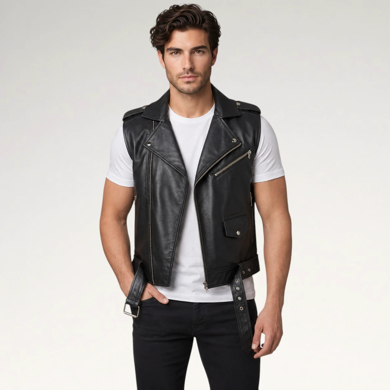 A man modeling a black leather biker vest over a white t-shirt and black jeans, standing against a light gray studio background.
