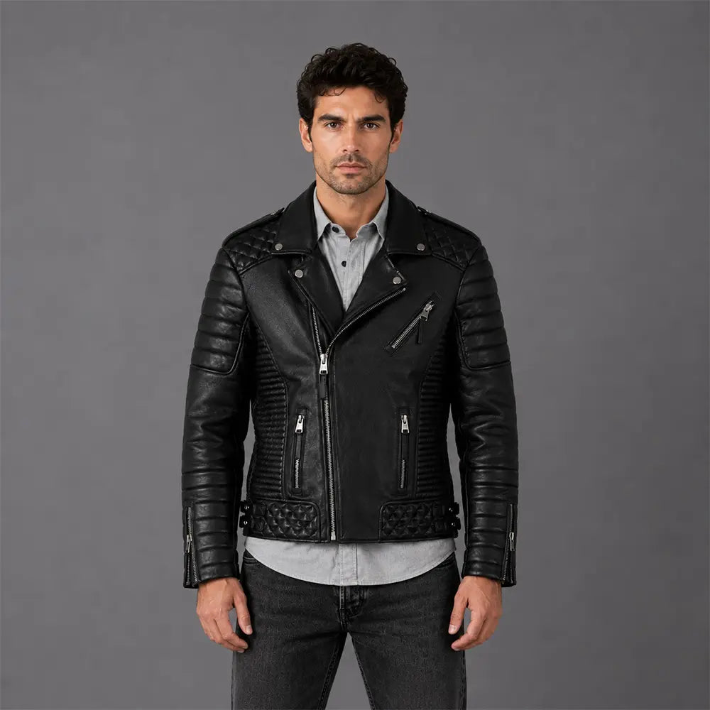 Men Black Quilted Motorcycle Leather Jacket