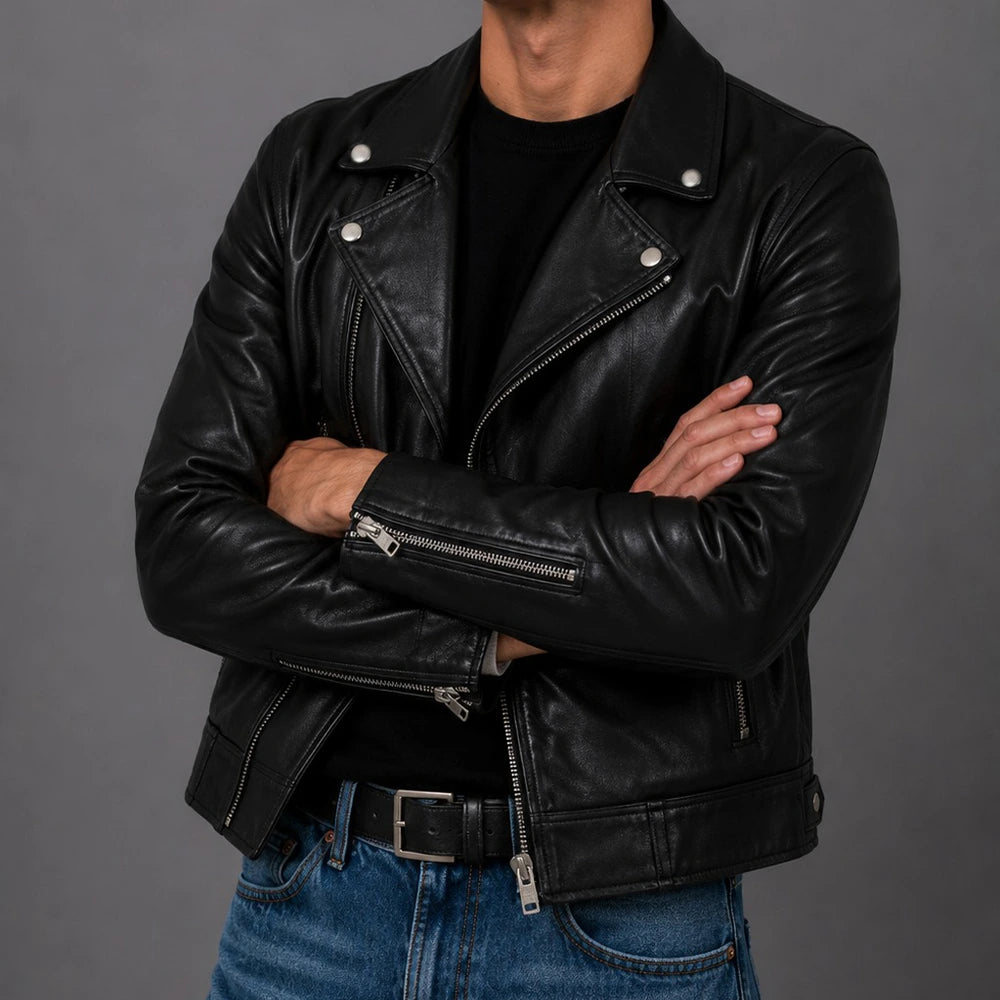 Men Black Motorcycle Leather Jacket