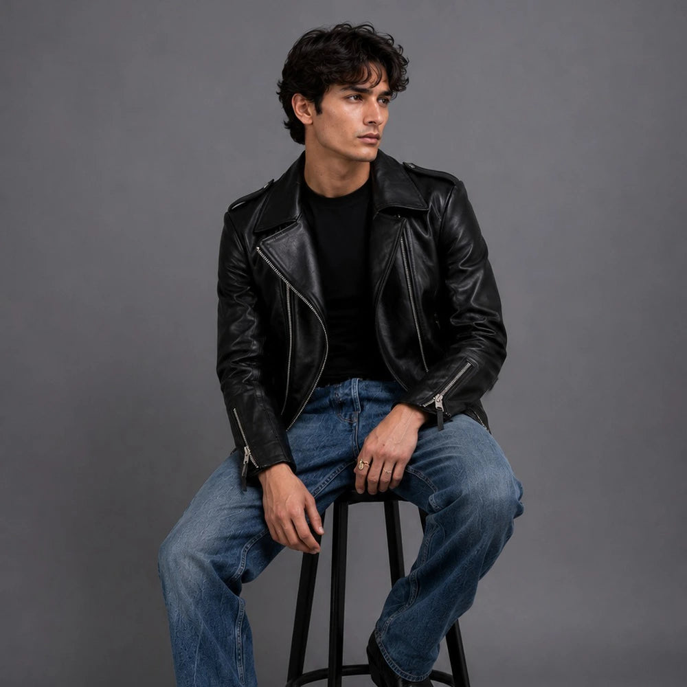 Men Black Slim Fit Biker Leather Jacket