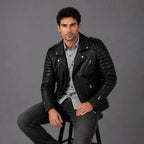 Men Black Quilted Motorcycle Leather Jacket