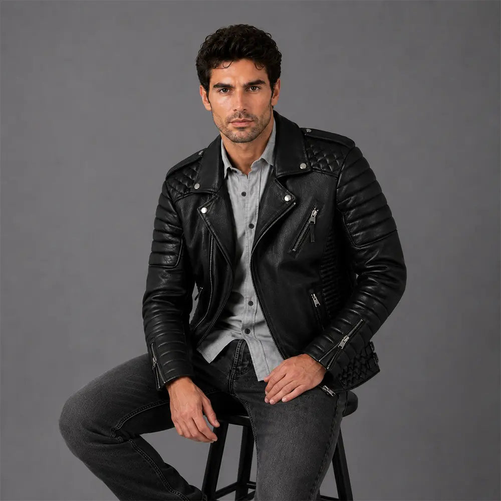 Men Black Quilted Motorcycle Leather Jacket