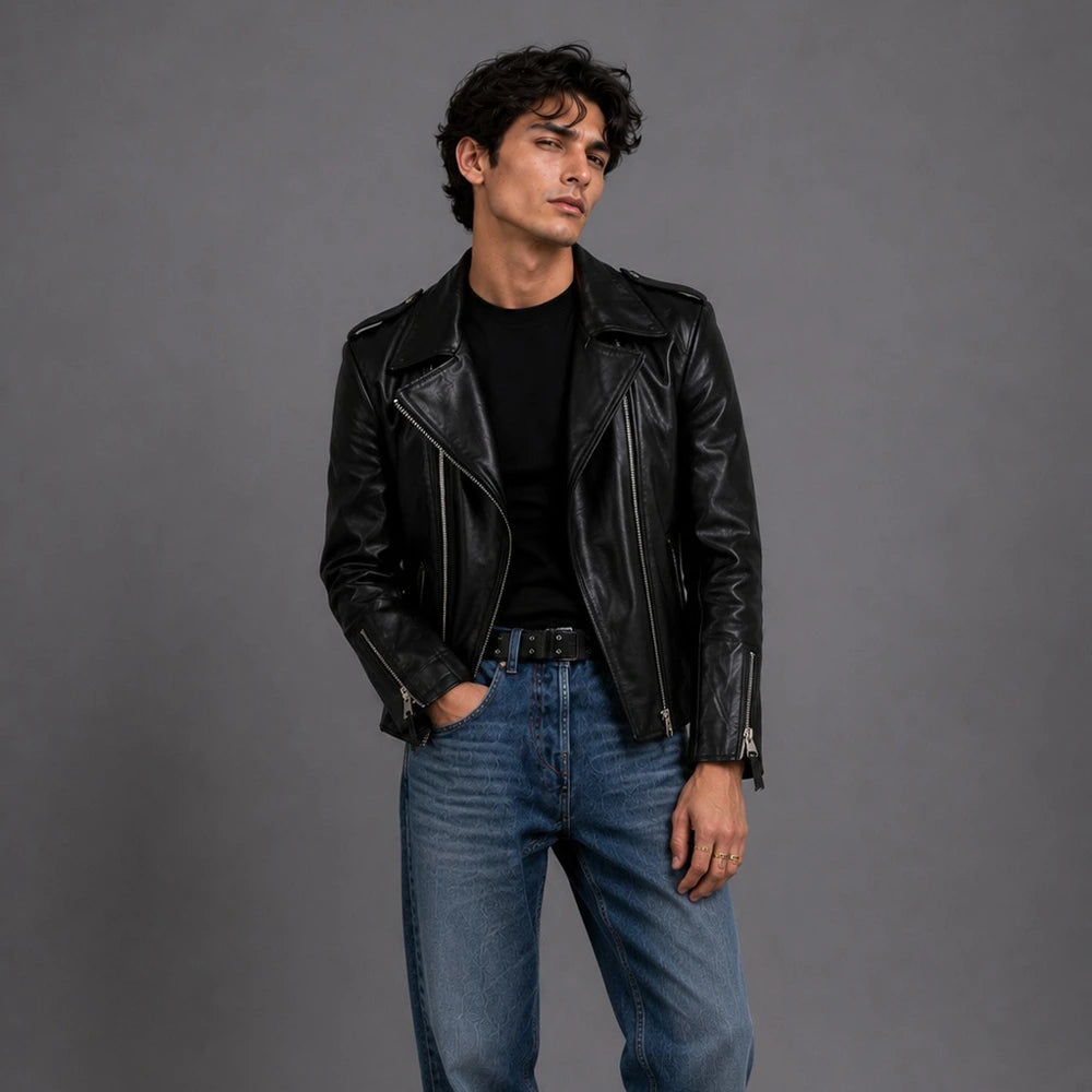 Men Black Slim Fit Biker Leather Jacket Secondary image