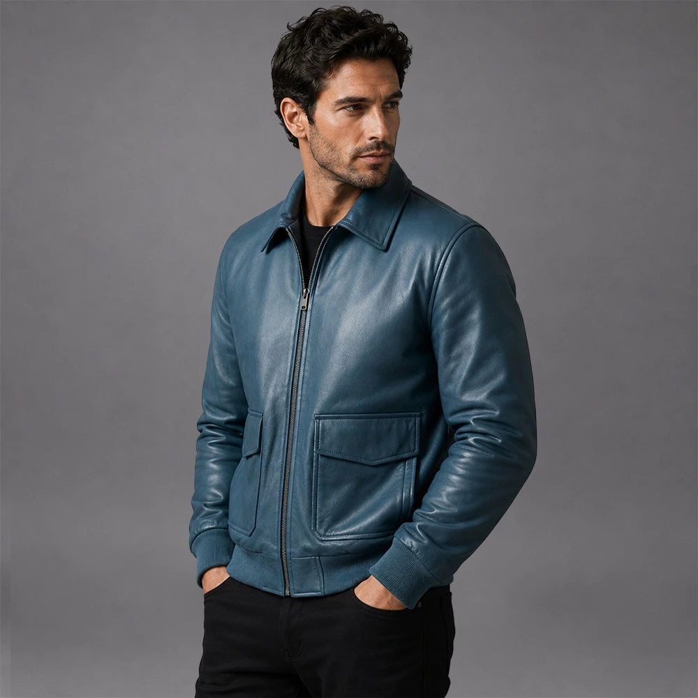 Men Blue Bomber Sheepskin Leather Jacket Secondary image