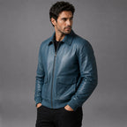 Men Blue Bomber Sheepskin Leather Jacket