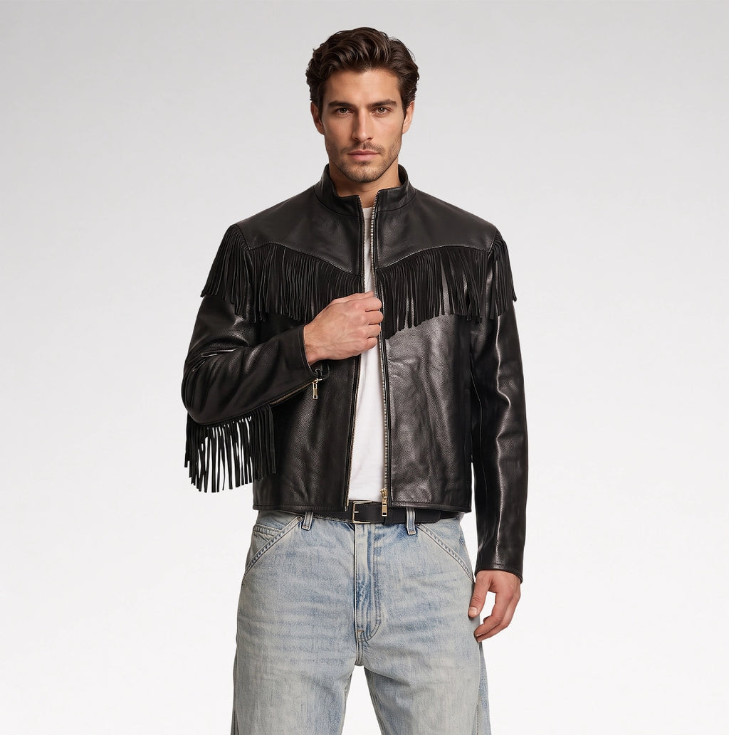 Signore Black Biker Fringes Leather Jacket