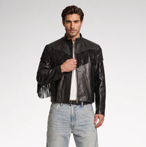 Signore Black Biker Fringes Leather Jacket