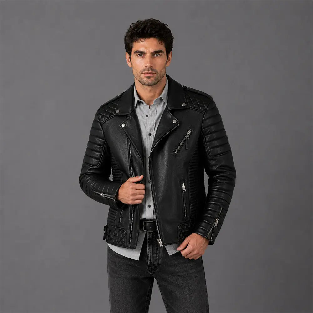 Men Black Quilted Motorcycle Leather Jacket Secondary image