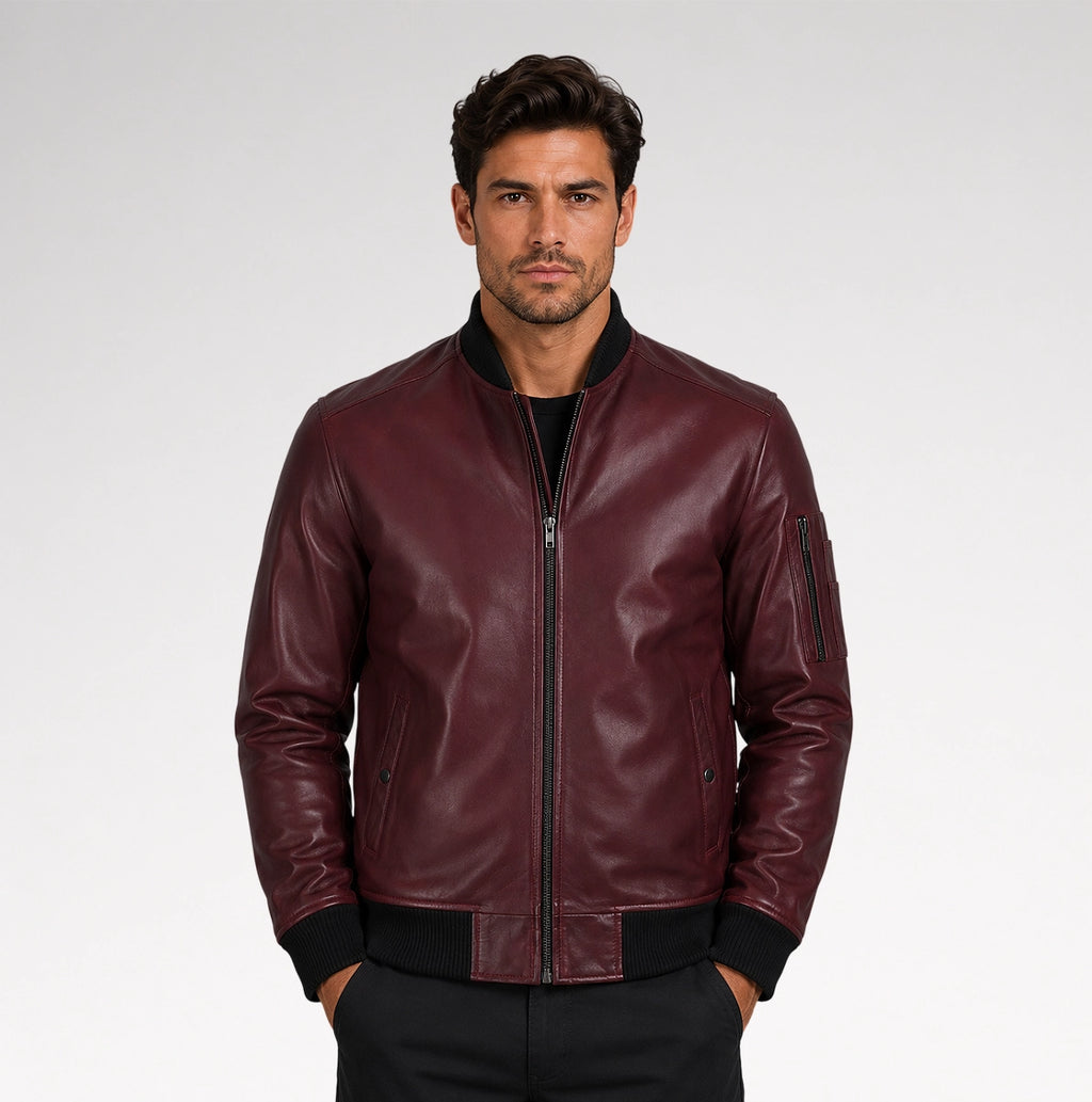 Grezzo Burgundy Bomber Waxed Leather Jacket