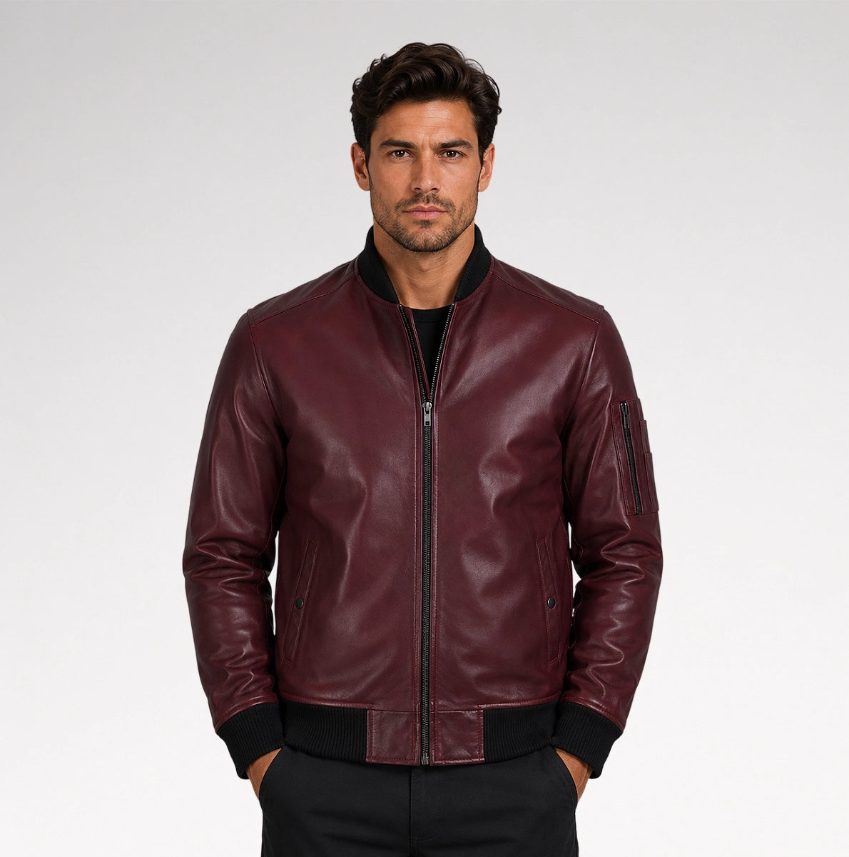Grezzo Burgundy Bomber Waxed Leather Jacket
