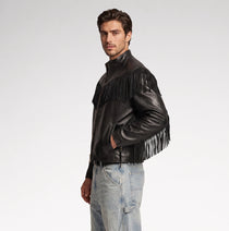Signore Black Biker Fringes Leather Jacket