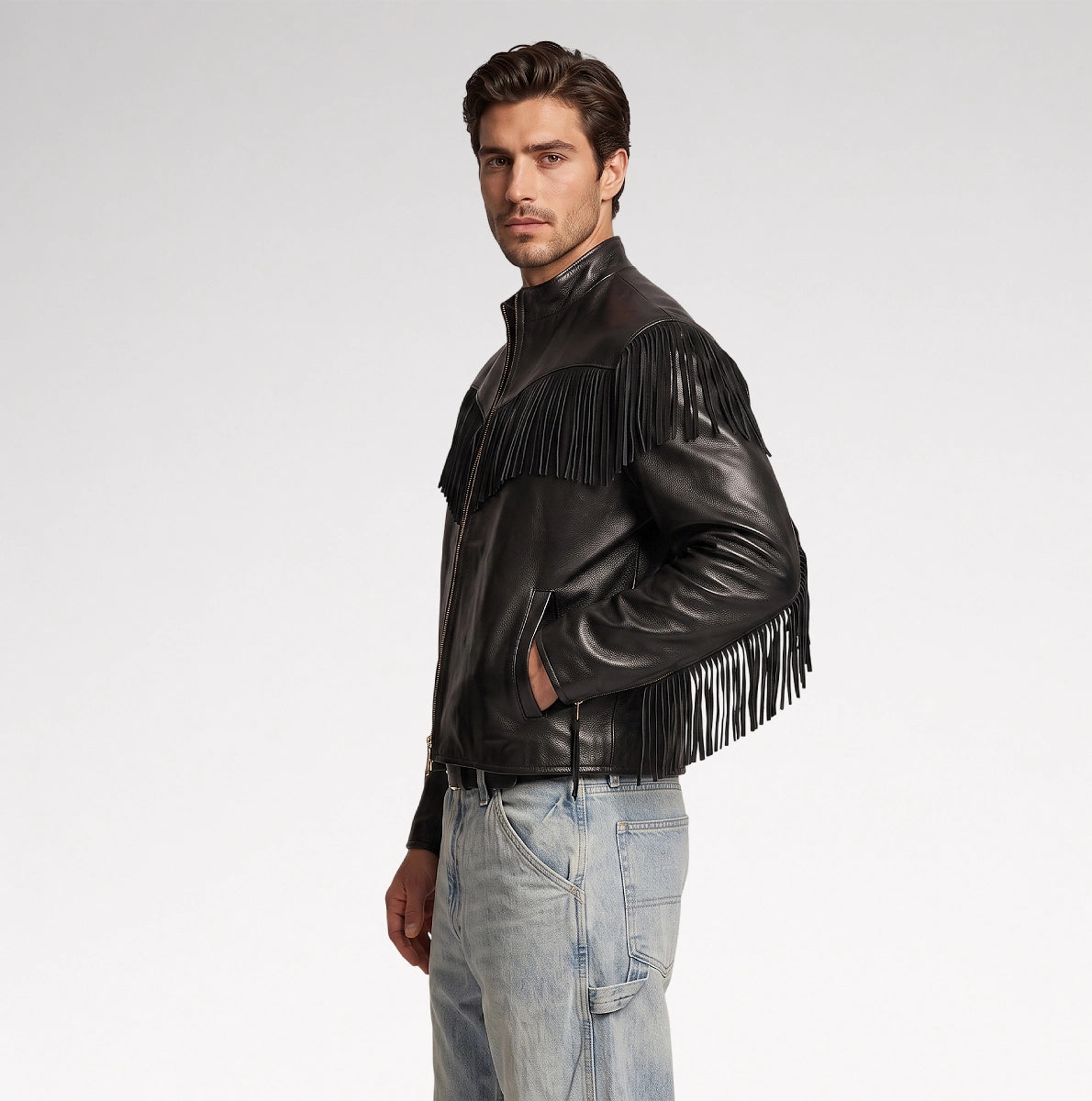 Signore Black Biker Fringes Leather Jacket
