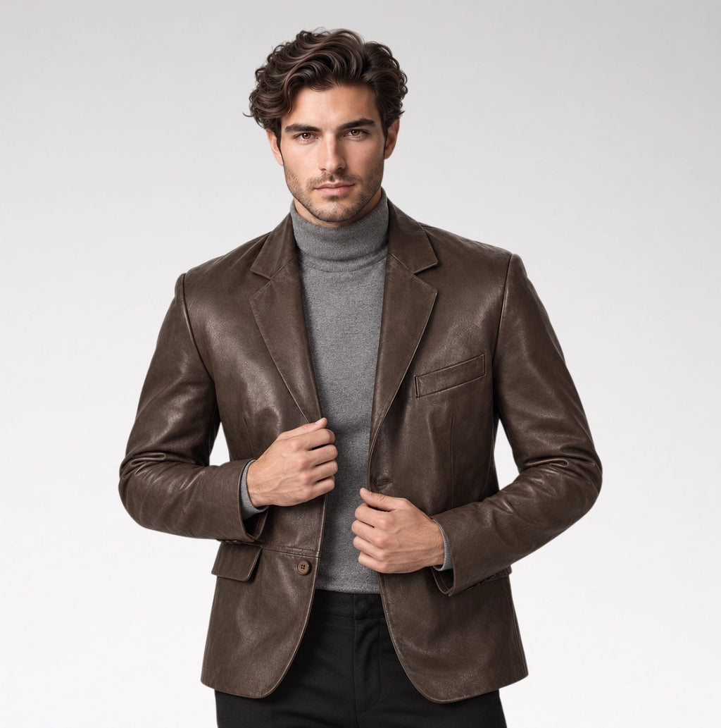 A man wearing a brown leather blazer over a gray turtleneck sweater and black trousers, standing against a light gray studio background.