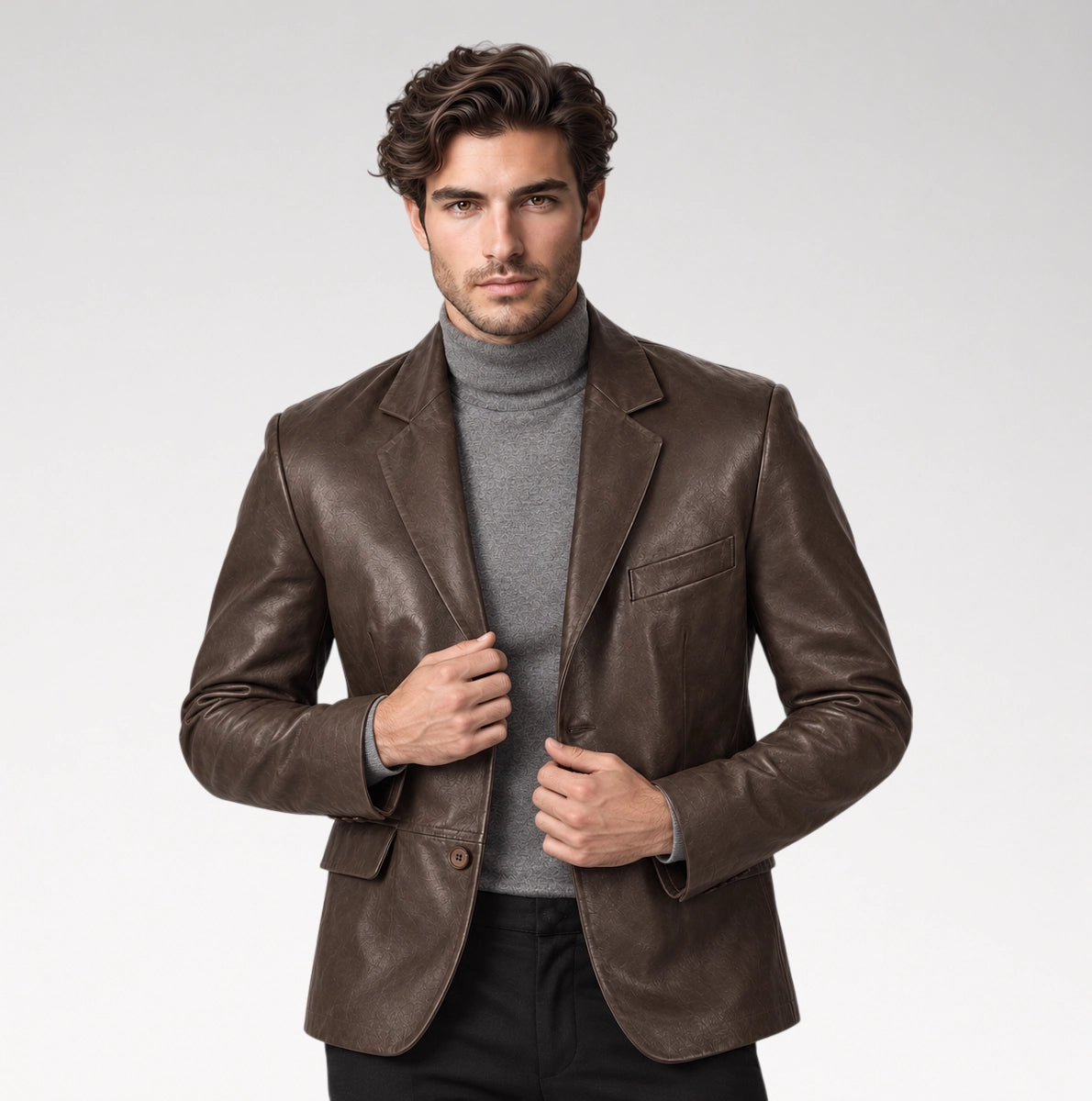 A man wearing a brown leather blazer over a gray turtleneck sweater and black trousers, standing against a light gray studio background. Main image