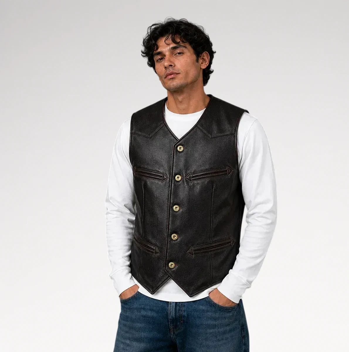 A man wearing a black leather vest over a white long-sleeve shirt and blue jeans, standing against a light gray studio background.