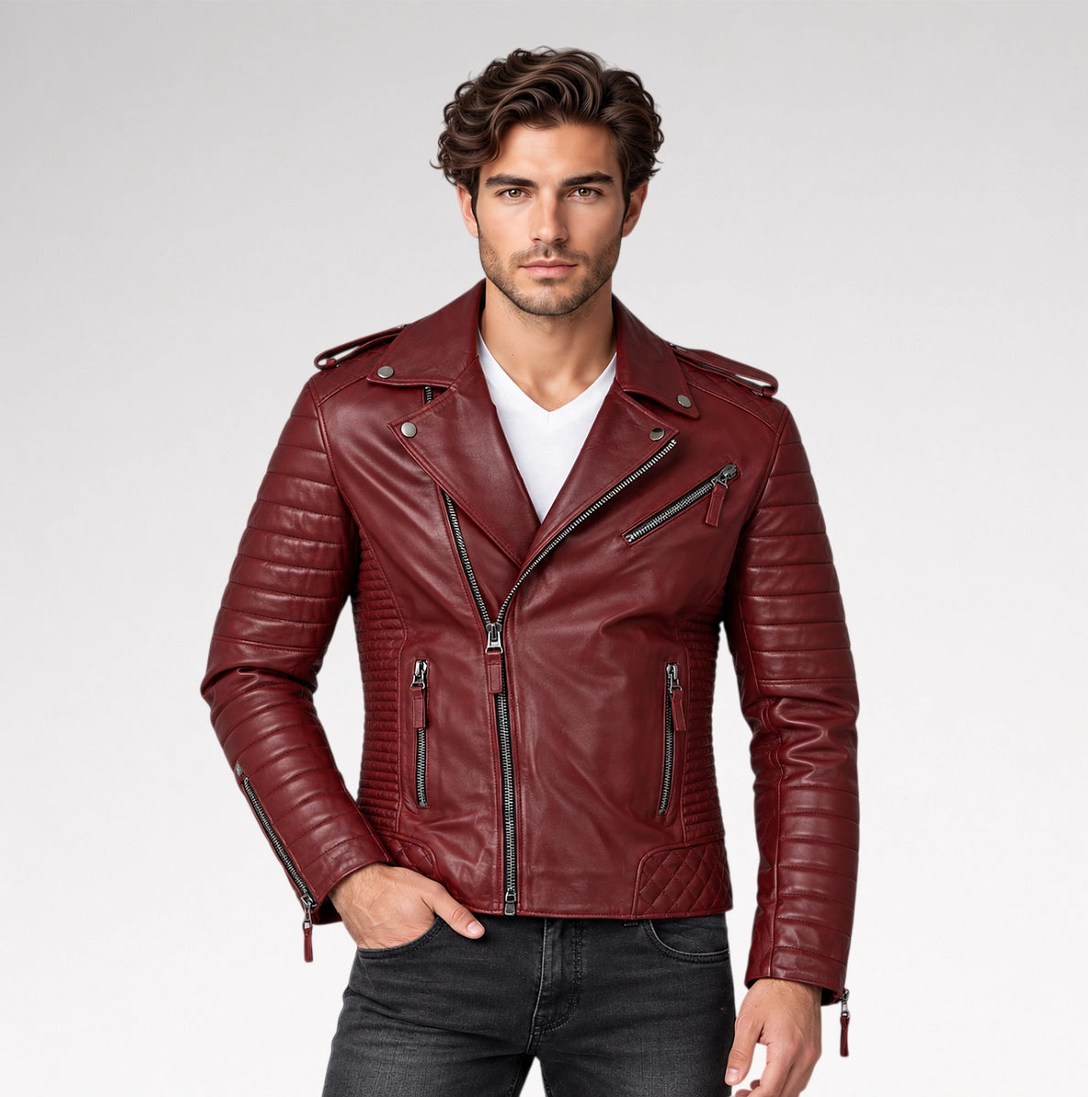 A man wearing a burgundy leather motorcycle jacket with quilted panels and silver zippers, styled over a white t-shirt and dark gray jeans, against a light gray studio background. Main image