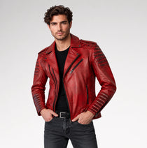 Dante Distressed Red Quilted Leather Biker Jacket