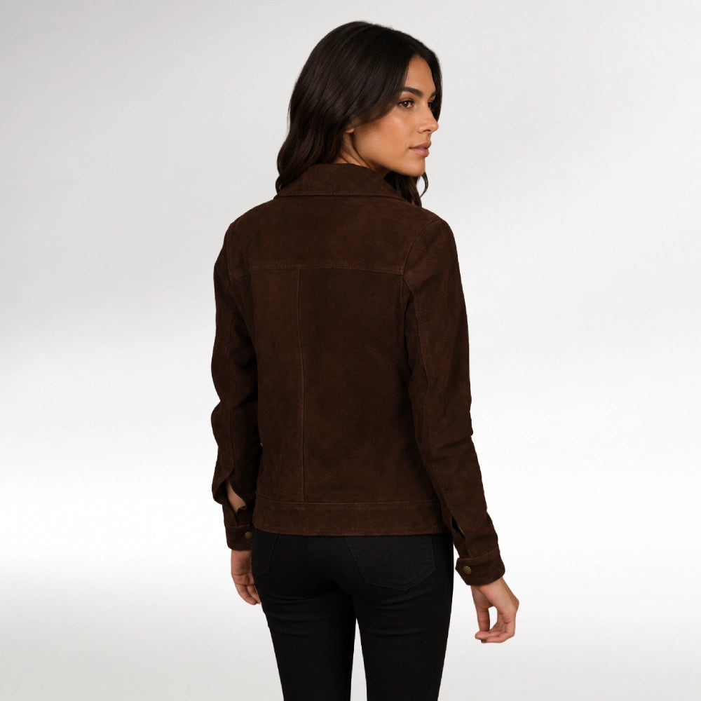 Moda Dark Brown Suede Trucker Jacket