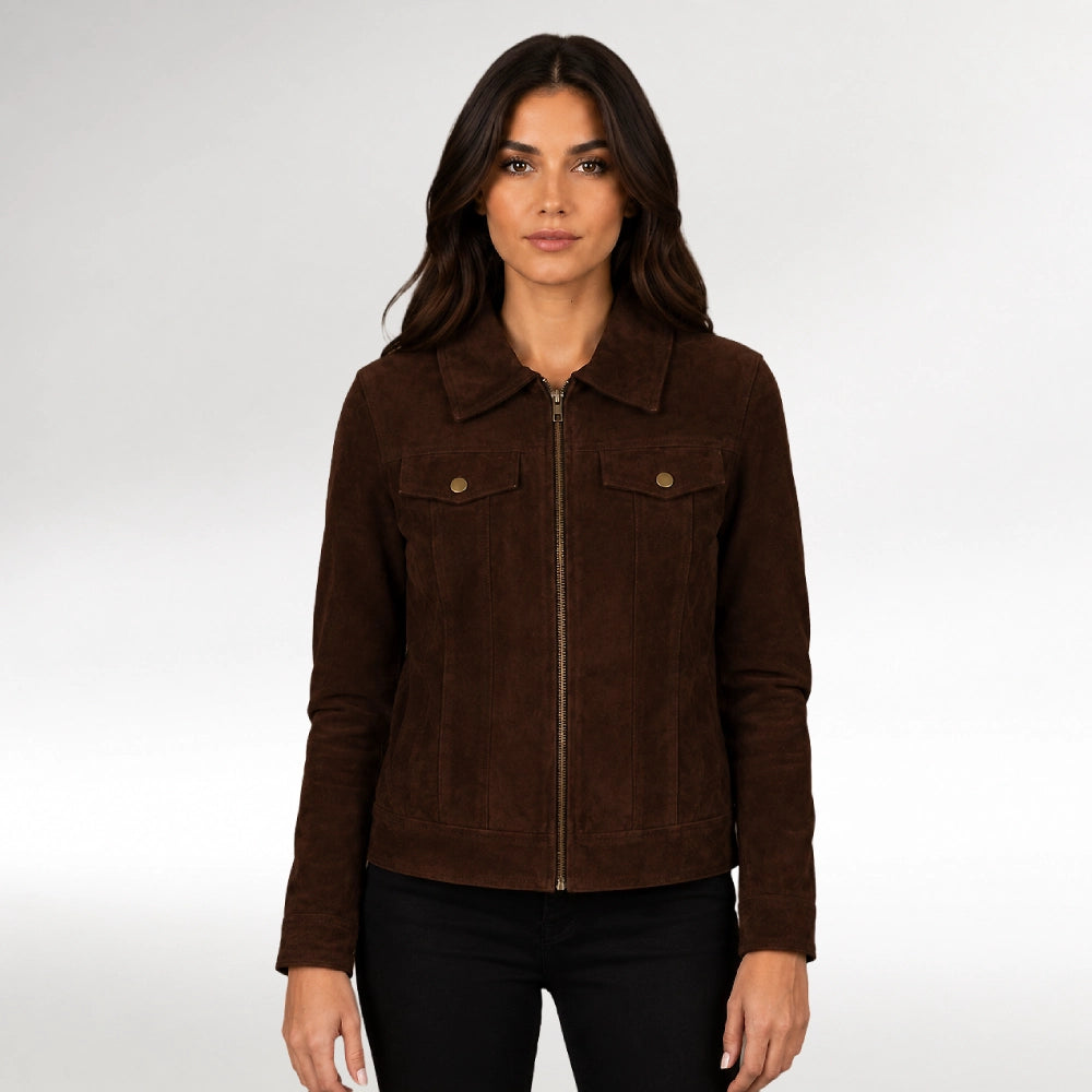 Moda Dark Brown Suede Trucker Jacket