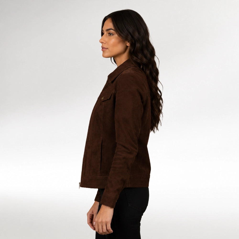 Moda Dark Brown Suede Trucker Jacket