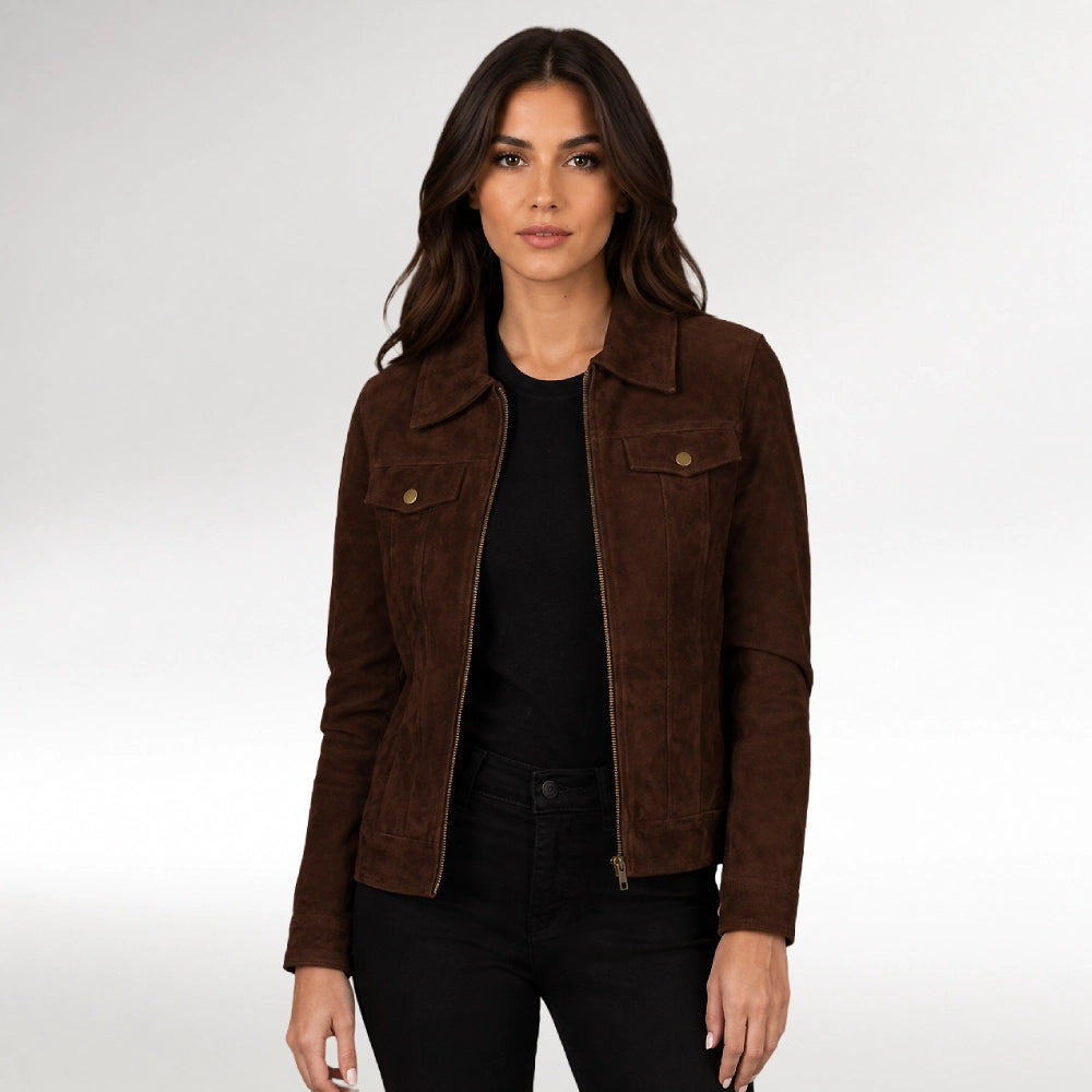 Moda Dark Brown Suede Trucker Jacket