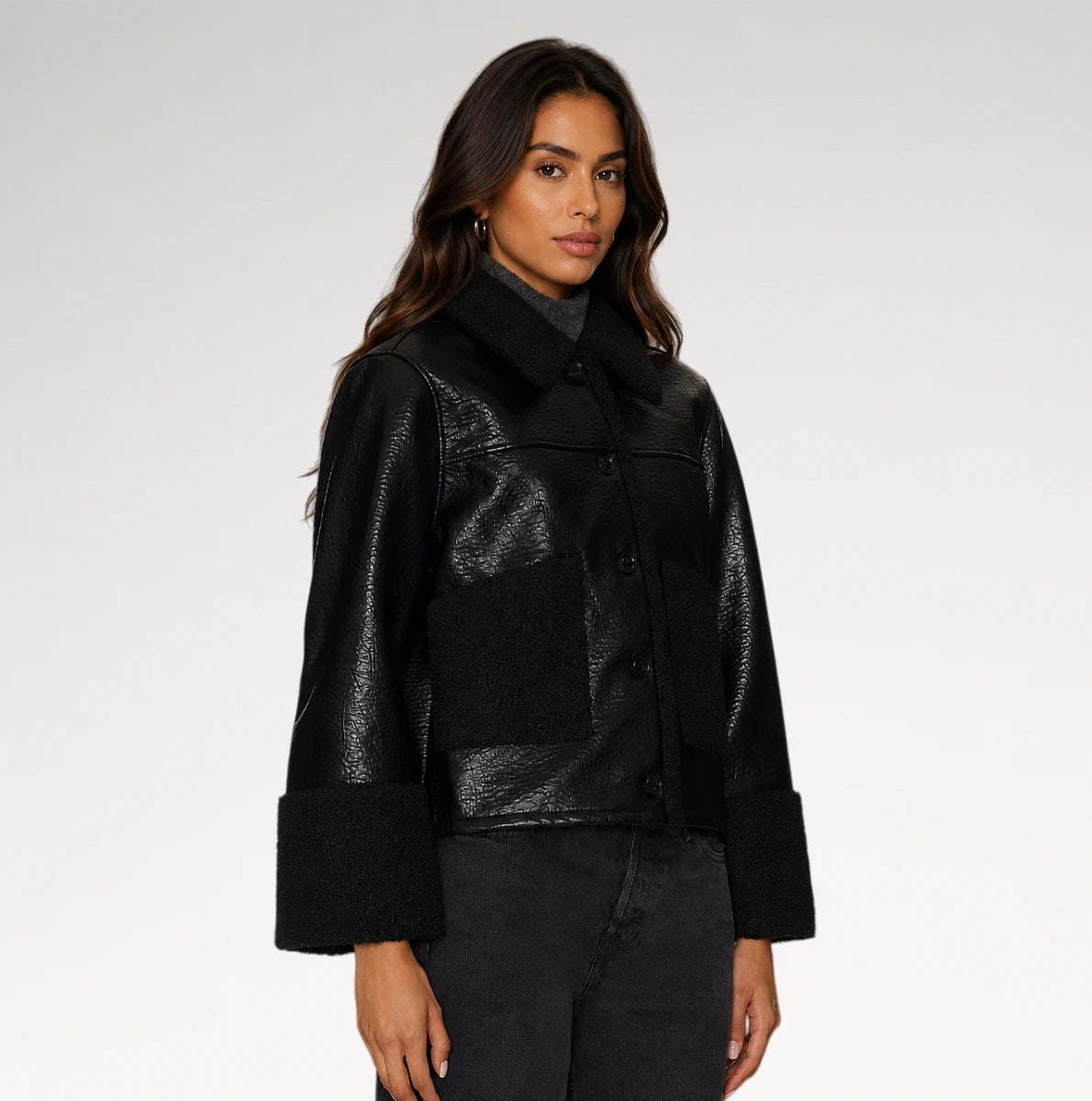 Montone Black Faux Shearling Leather Jacket