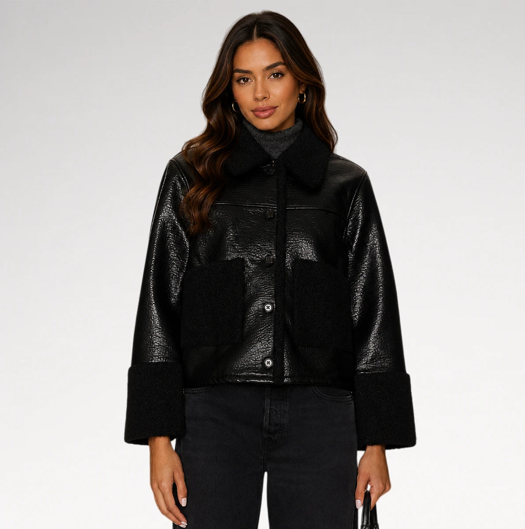 Montone Black Faux Shearling Leather Jacket