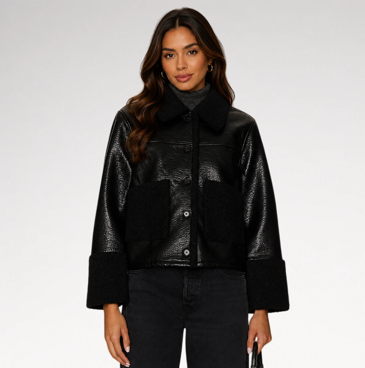 Montone Black Faux Shearling Leather Jacket