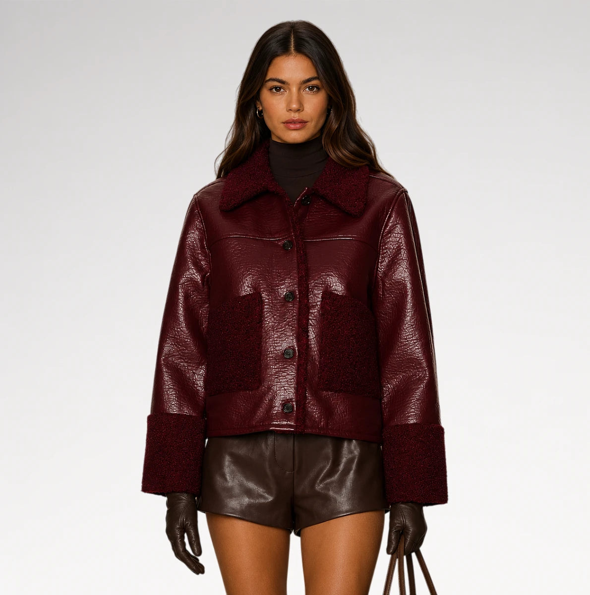 A model wearing a cropped, deep burgundy faux-shearling and leather jacket, styled with dark brown leather shorts, a black turtleneck, and black gloves against a light gray studio background.