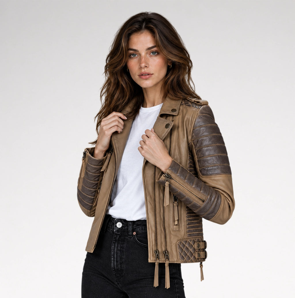 A woman modeling a brown faux-leather moto jacket with quilted and ribbed sleeves, worn over a white t-shirt and black jeans, against a light gray studio background.