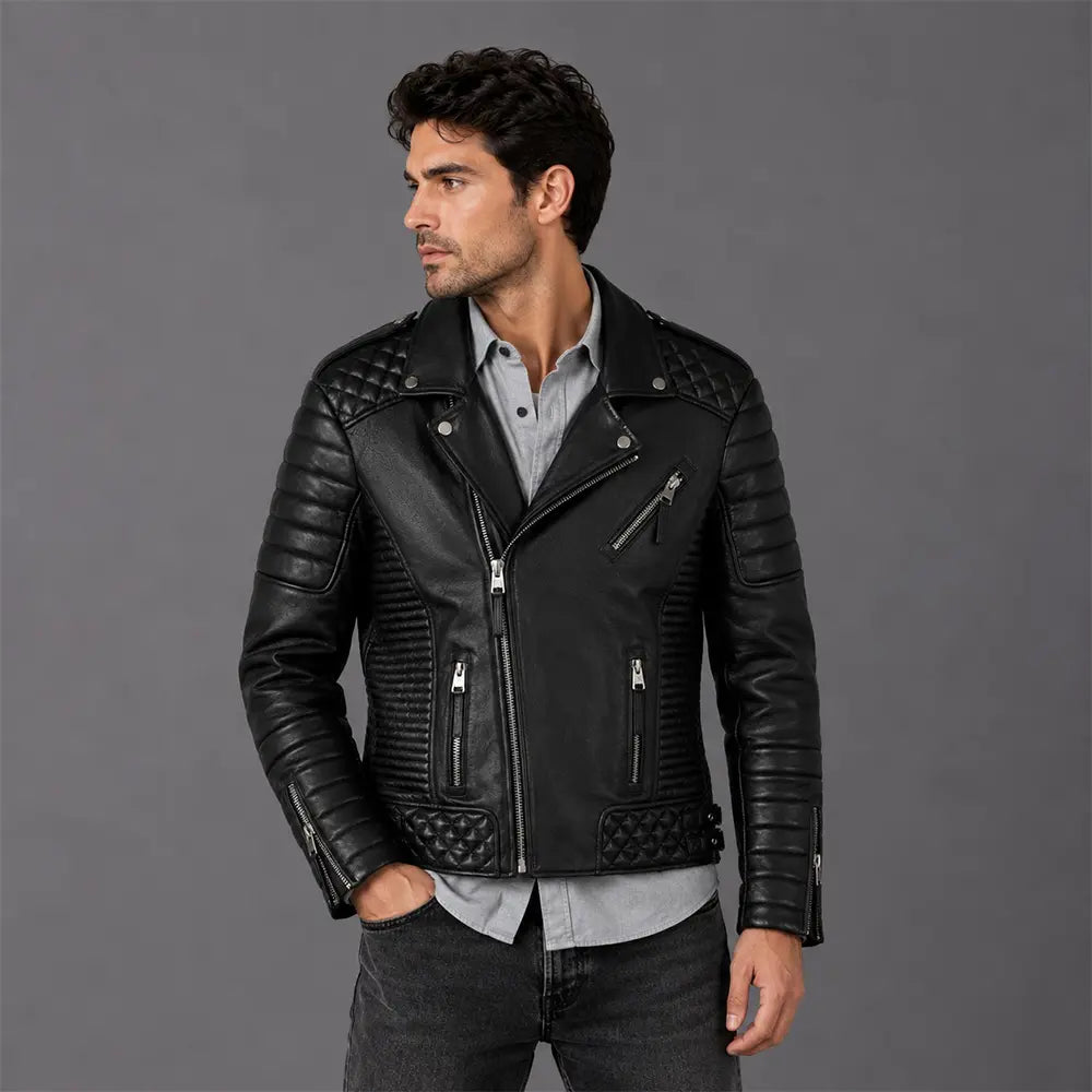 Men Black Quilted Motorcycle Leather Jacket Main image